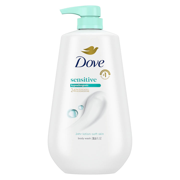 Dove Sensitive Skin Body Wash, 24hr Lotion-Soft Skin, 30.6 oz | Dove Sensitive Skin Body Wash soothes dry, sensitive skin with 24-hour hydration and a hypoallergenic formula.