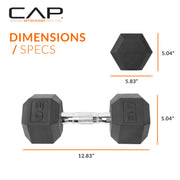 CAP Rubber Coated Dumbbell Weights, Free Weights for Home Gym Strength Training, Anti-Roll Hex Dumbbells with Black, Chrome & Comfort Grip Handles, Pairs & Sets