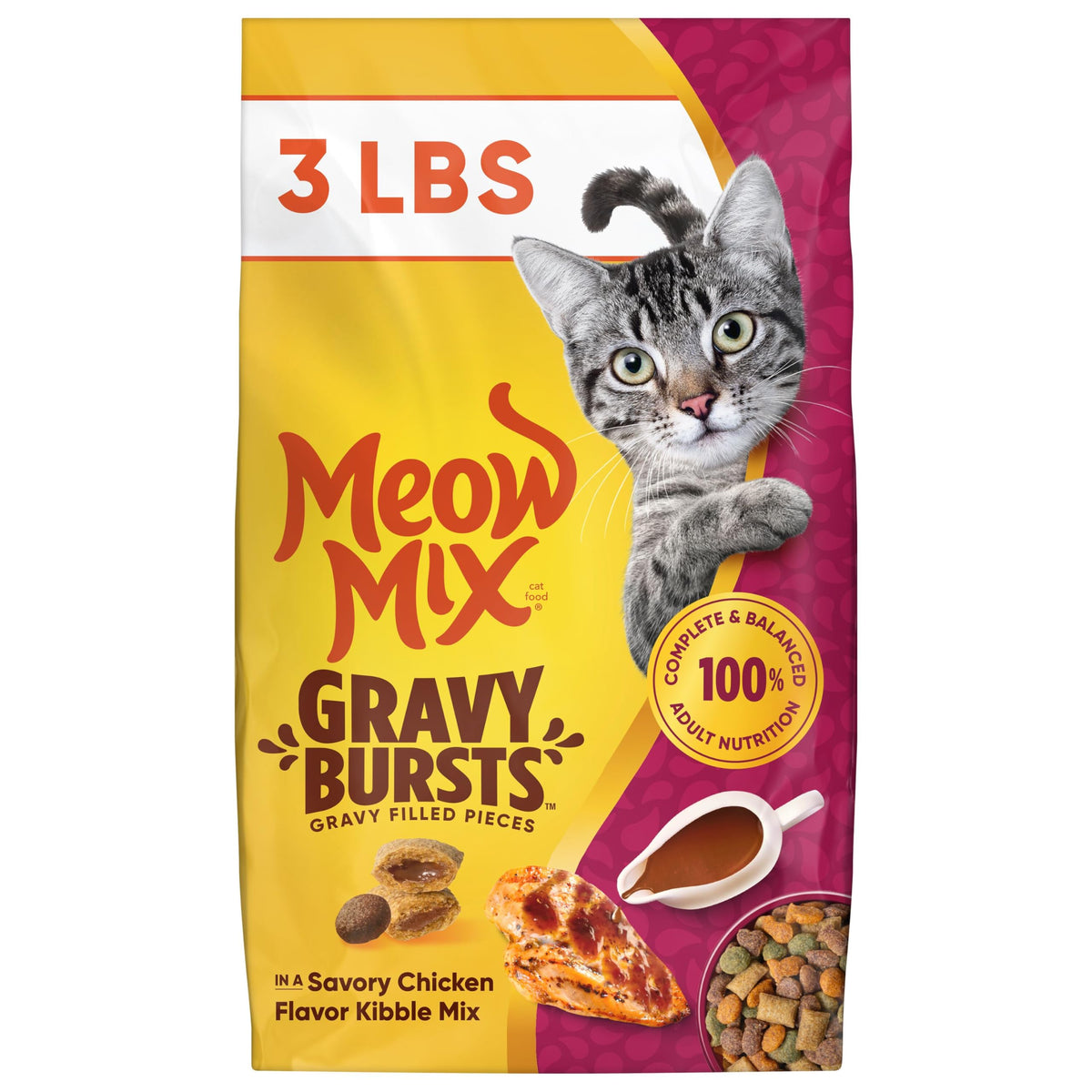 Meow Mix Gravy Bursts Dry Cat Food, 3 lb Bag | Crunchy cat kibble, gravy filled pieces, 100% complete & balanced nutrition