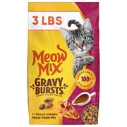 Meow Mix Gravy Bursts Dry Cat Food, 3 lb Bag | Crunchy cat kibble, gravy filled pieces, 100% complete & balanced nutrition