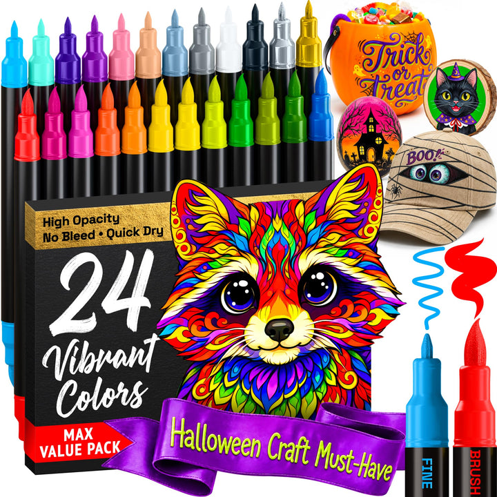 ARTISTRO 24 Acrylic Paint Pens Dual-Tip Brush+Fine for Fabric, Rock & Glass | Water-Based, Quick-Dry & Low-Odour Studio Kit in Vivid Mixed Shades, Giftable Art Supplies for Adults, Teens & Kids