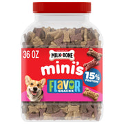 Milk-Bone Flavor Snacks Mini’s Dog Treats, 36 Oz. | 5 calories per treat, 15% protein, 3 flavors per canister (beef, chicken & bacon, naturally & artificially flavored)