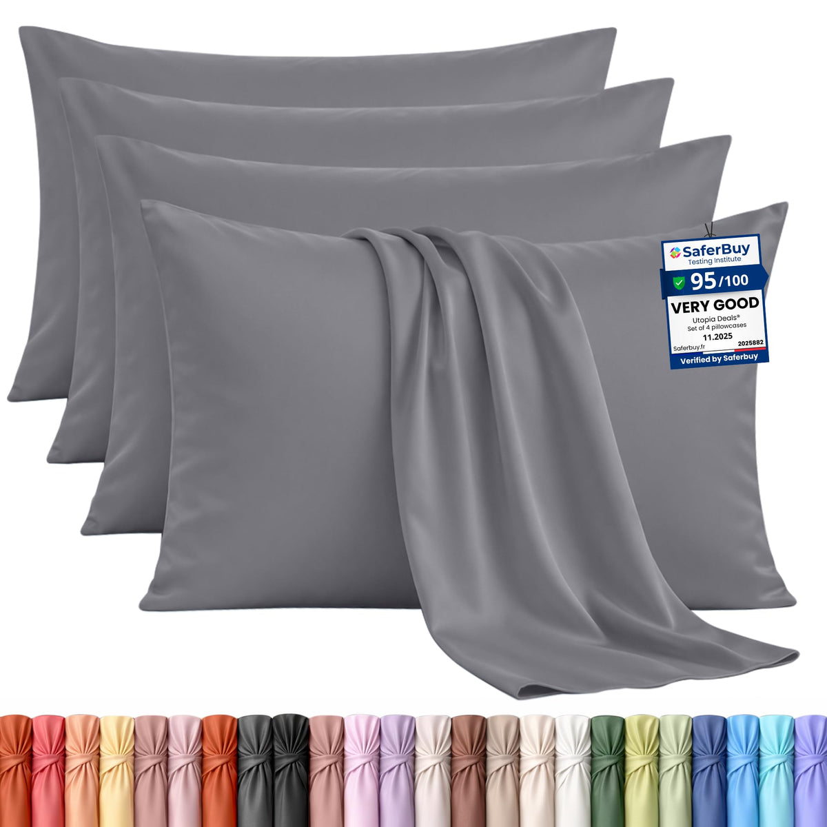 Utopia Bedding Pillowcases 4 Pack, Standard 50x75cm, Grey | Ultra Soft Hotel Quality Pillow cases, OEKO-TEX Certified, Envelope Closure, Wrinkle & Fade Resistant Pillow covers