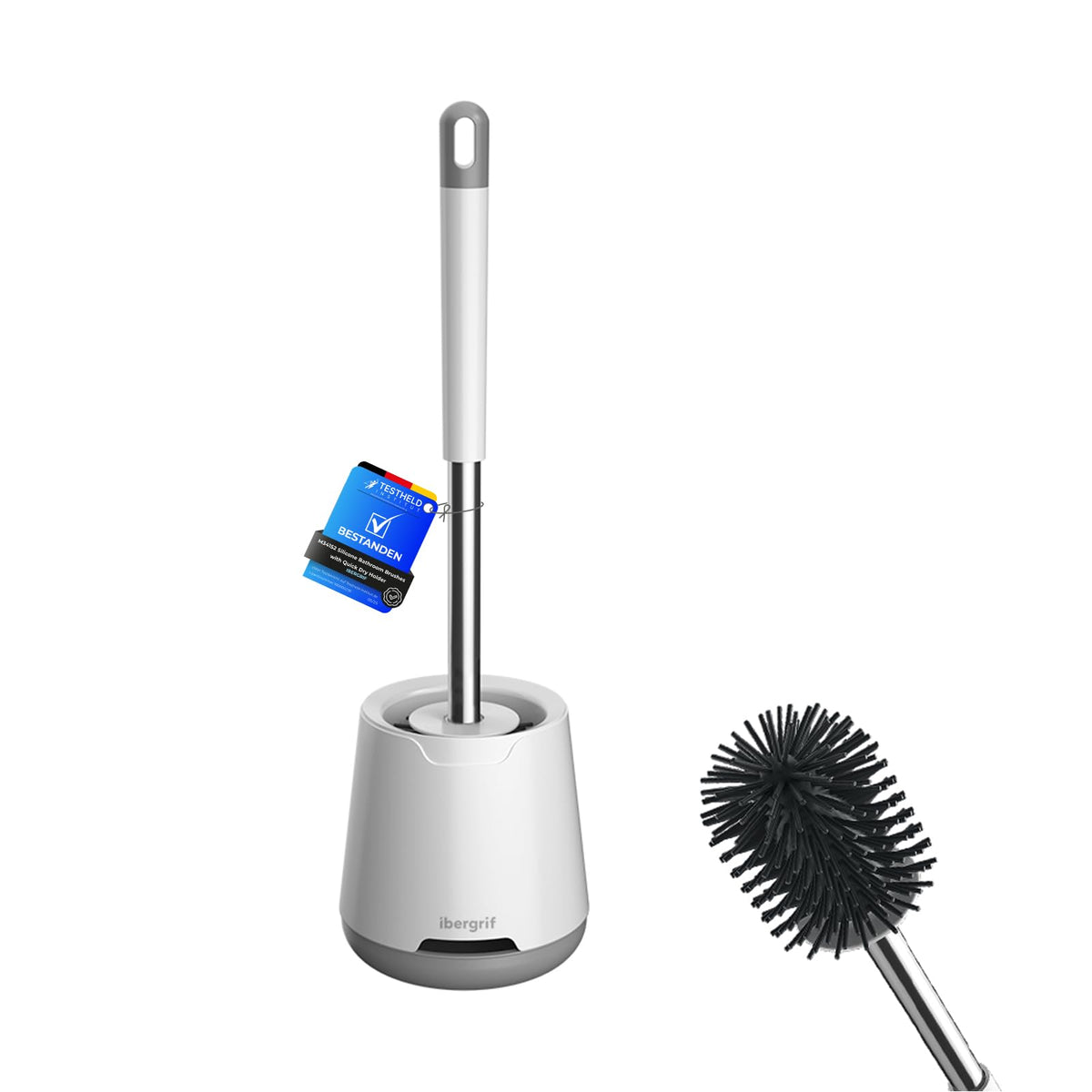 Ibergrif Silicone Toilet Brushes & Holders, Quick Drying, Deep Cleaning | Long Stainless Steel and Plastic Handle, Wall-Mounted or Freestanding, with Base for Anti-drip, White M34152