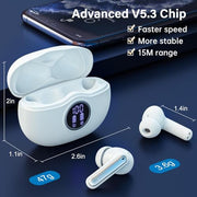Fhumsh Wireless Earbuds, Bluetooth 5.3 Headphones HiFi Stereo 50H Playback LED Digital Display Ear Buds with ENC Noise Canceling Headset, IPX7 Waterproof Earphones for Gym/Running/Work（White）