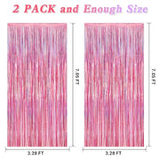 2 Pack Glitter Pink Backdrop, 3.28 FT x 7.05 FT Birthday Party Decorations, Laser Pink Fringe Curtains Foil Streamer Tinsel, Pink Curtains Photo Backdrop Happy Birthday Valentines Day Backdrop