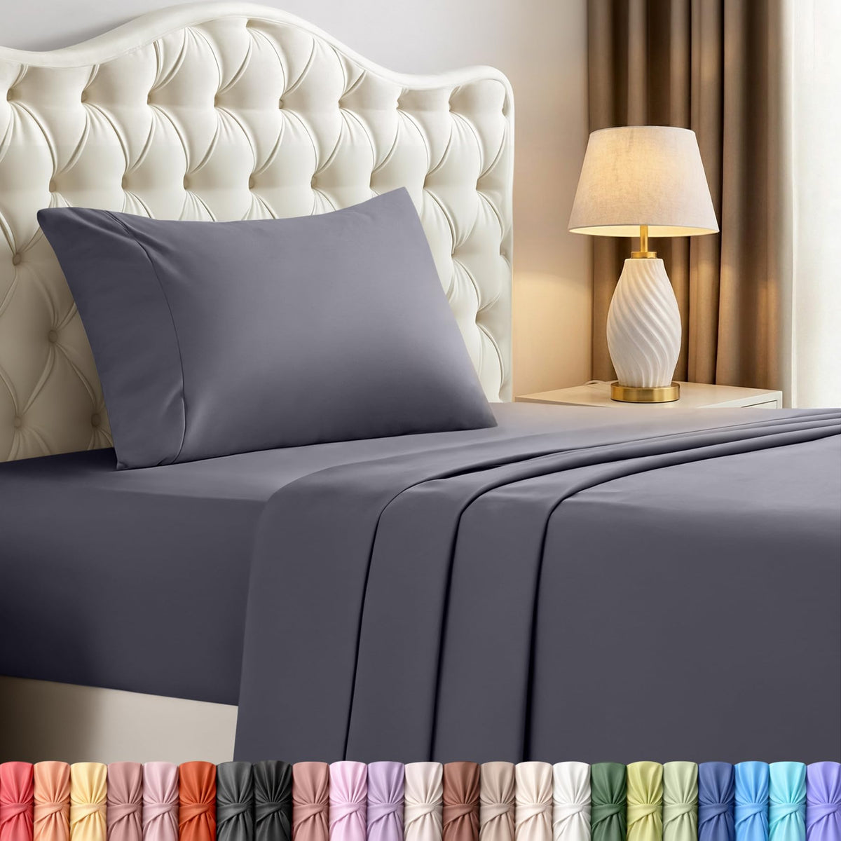 Twin Sheets Set, 3 Pieces 16" Deep Pocket Hotel Luxury Bed Sheets, Grey | Extra Soft Bedsheet Set for Kids, Women & Men, Comfy & Breathable Cooling Sheets, Fitted Sheet, Flat Sheet, 1 Pillowcase