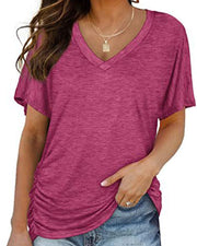 Pleated Solid Color V-Neck T-Shirt