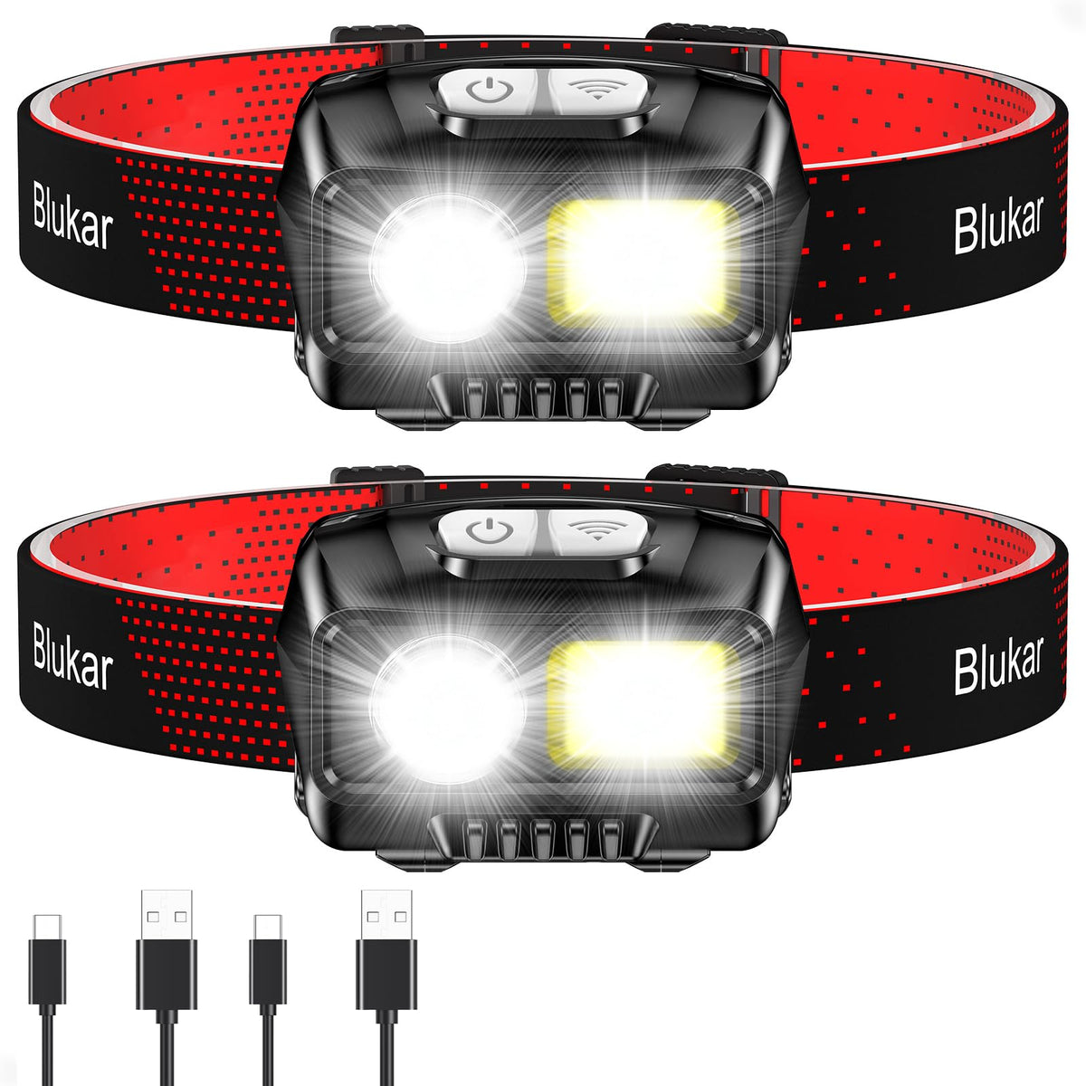 Blukar LED Headlamp Rechargeable, 2000L Super Bright Headlight Flashlight | 8 Modes & Stepless Dimming, Spotlight & Floodlight, Motion Sensor, IPX5 Waterproof for Camping,Hiking,Running,Fishing -2 Pack