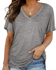 Pleated Solid Color V-Neck T-Shirt