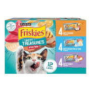 Friskies Purina Tasty Treasures Cat Food, Prime Filets Variety, (12) 5.5 oz | Chicken and tuna, chicken, ocean fish and turkey wet cat food in gravy or sauce, 100% complete & balanced for adult cats