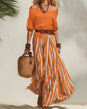Vertical Striped Skirt Two-Piece Set