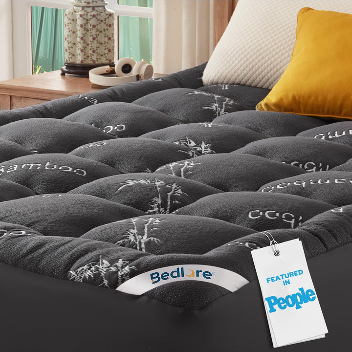 BEDLORE Queen Mattress Topper, Thick Soft Pillow Top Bed Topper | Viscose Bamboo, Stretchable Pockets Fit 6”-18”, Breathable Mattress Topper for Back Pain Relief and Hot Sleepers(Dark Gray)