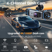 4 Channel 360° Dash Cam Front and Rear Inside, 64GB Card Included | 4K+1080P*3 FHD Car Camera, 5GHz WiFi/App Control 8 IR Lamps Night Vision 24H Parking Mode G-Sensor Loop Recording (Gunmetal)