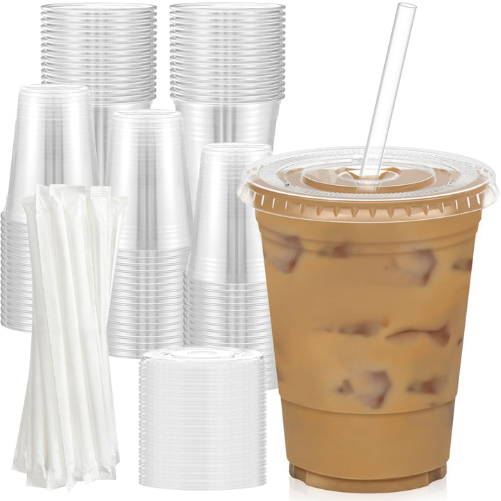 Dealusy 100 Pack - 16 oz Clear Plastic Cups with Lids and Straws | Sturdy & Food Safe Iced Coffee Cups with lids, Disposable Plastic Smoothie Cups for Cold Drinks