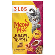 Meow Mix Gravy Bursts Dry Cat Food, 3 lb Bag | Crunchy cat kibble, gravy filled pieces, 100% complete & balanced nutrition