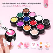 SAVILAND Non-Sticky 3D Sculpting Gel for Nail Art, 12 Colors Black White | No-Wipe, For Hand Carving 3D Art Design, Plant-Based Formula, Soak-Off, With Dual-End Sculpture Pen, Home and Salon Use