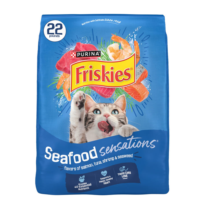 Friskies Purina Seafood Sensations Dry Cat Food, 22 lb Bag | Crunchy cat kibble with salmon, tuna and shrimp flavors, with protein for healthy muscles and fatty acids for skin and coat