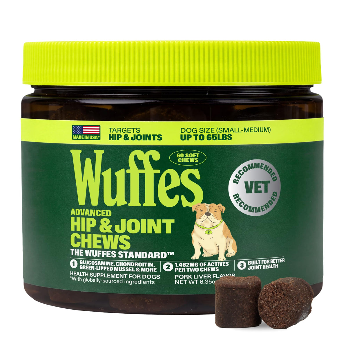 Wuffes Advanced Hip & Joint Chews for Small & Medium Breed Dogs, Vet Recommended, Glucosamine, Chondroitin, MSM, Green-Lipped Mussel & Hyaluronic Acid Supplement, Supports Mobility, 60 Pork Chews