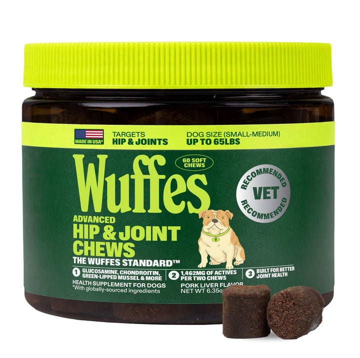 Wuffes Advanced Hip & Joint Chews for Small & Medium Breed Dogs, Vet Recommended, Glucosamine, Chondroitin, MSM, Green-Lipped Mussel & Hyaluronic Acid Supplement, Supports Mobility, 60 Pork Chews