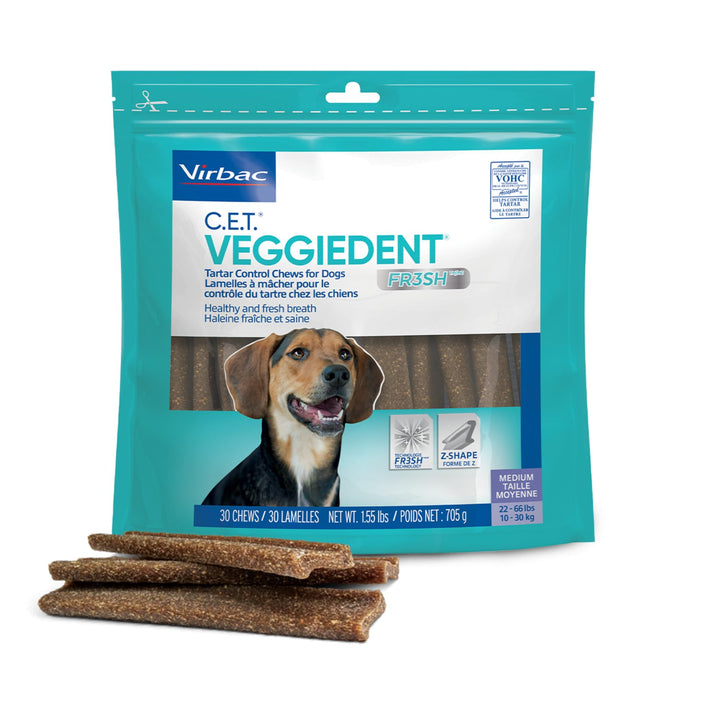 C.E.T. Veggiedent Fr3sh Plaque and Tartar Control Chews for Dogs, Medium | Vet recommended dental chews, plant-based formula, supports canine digestive health, VOHC approved for plaque & tartar