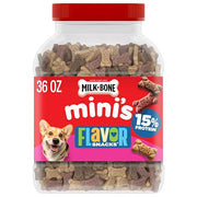 Milk-Bone Flavor Snacks Mini’s Dog Treats, 36 Oz. | 5 calories per treat, 15% protein, 3 flavors per canister (beef, chicken & bacon, naturally & artificially flavored)