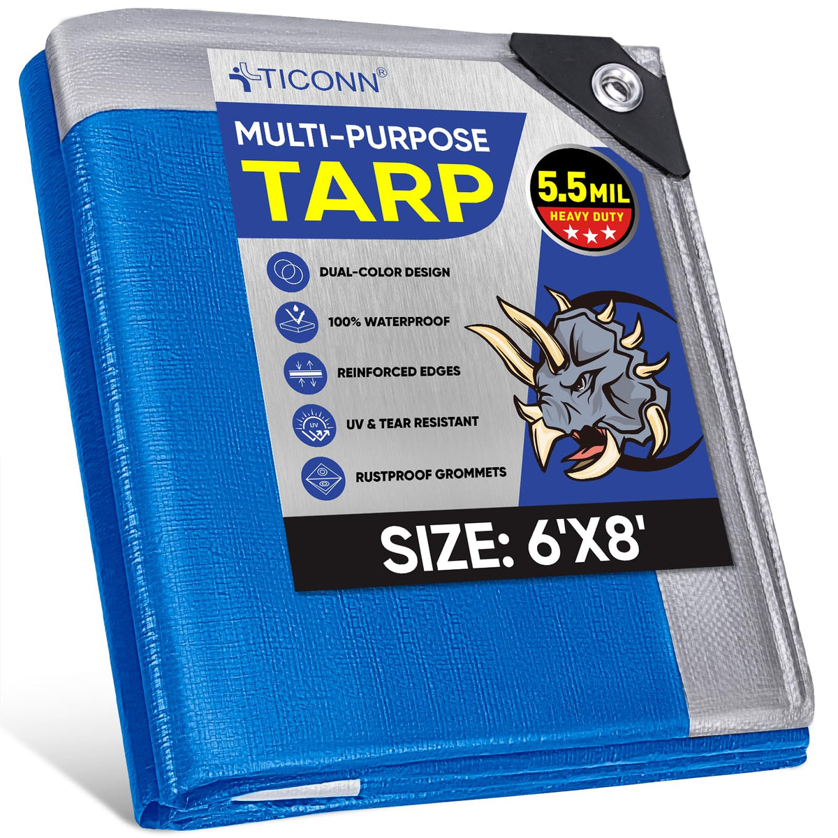 TICONN Heavy Duty Tarp Cover Waterproof, Extra Thick UV Resistant Tarpaulin | 5.5 Mil-6'x8', Double-Sided Tear-Resistant Material, Reinforced Corners, Rust-Resistant Grommets, for Camping, Car, Outdoor
