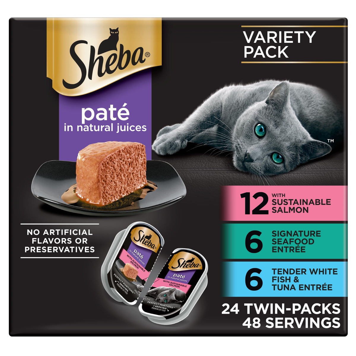 Sheba Perfect Portions Pate Wet Cat Food, Seafood Variety, 2.6 oz, 24 ct | Salmon, Seafood & Whitefish and Tuna, grain-free, protein-rich, no fillers/artificial flavors, 48 servings, twin-pack trays
