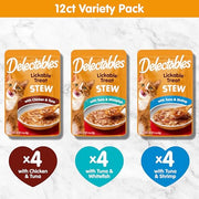 Delectables Lickable Treat Stew Wet Cat Treat Variety Pack, Food Topper, Hydrating, Grain-Free, No Fillers, No By-Products, No Added Preservatives, 1.4oz Pouch, 12ct