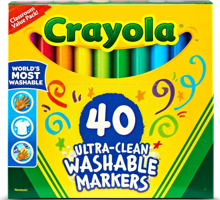 Crayola Ultra Clean Washable Markers (40ct), Teacher School Supplies for Kids, Broad Line Colored Markers, Art Marker Set, Ages 3+