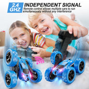 QUNREDA Remote Control Car, RC Cars Toys for Kids Ages 6-12, 4WD Stunt Car with LED Lights & 360° Flips, 2.4GHz, Upgraded USB-C Modular Batteries, 8-10 Year Old Boys Birthday Gift 1-Blue