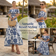 🌺 LIMITED-TIME 49% OFF! 💥 Women's Off-Shoulder Waist Cutout Daisy Printed Resort Dress – Flowy, Breezy, Tropical Chic ✨