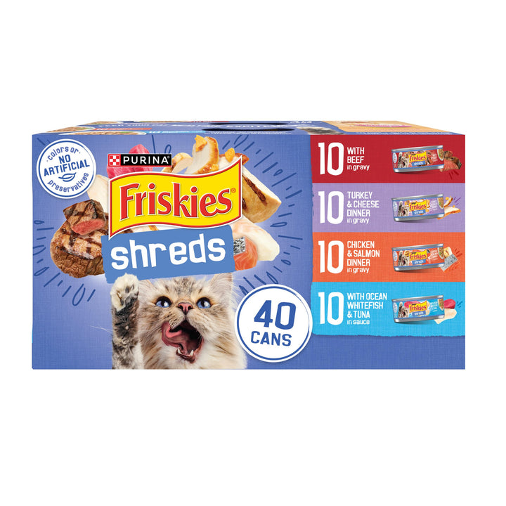 Purina Friskies Wet Cat Food Variety Pack, Shreds, 40 Pack 5.5 oz Cans | Beef, turkey and cheese, chicken and salmon, and ocean whitefish and tuna recipes in savory gravy