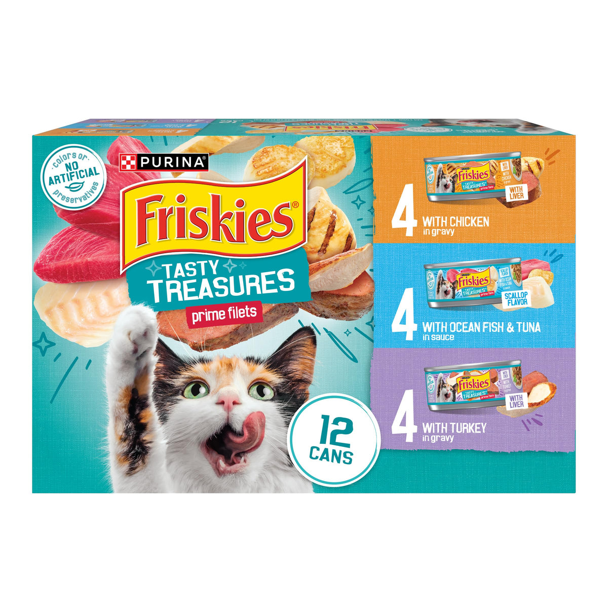 Friskies Purina Tasty Treasures Cat Food, Prime Filets Variety, (12) 5.5 oz | Chicken and tuna, chicken, ocean fish and turkey wet cat food in gravy or sauce, 100% complete & balanced for adult cats