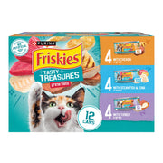 Friskies Purina Tasty Treasures Cat Food, Prime Filets Variety, (12) 5.5 oz | Chicken and tuna, chicken, ocean fish and turkey wet cat food in gravy or sauce, 100% complete & balanced for adult cats