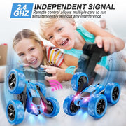 QUNREDA Remote Control Car, RC Cars Toys for Kids Ages 6-12, 4WD Stunt Car with LED Lights & 360° Flips, 2.4GHz, Upgraded USB-C Modular Batteries, 8-10 Year Old Boys Birthday Gift 1-Blue