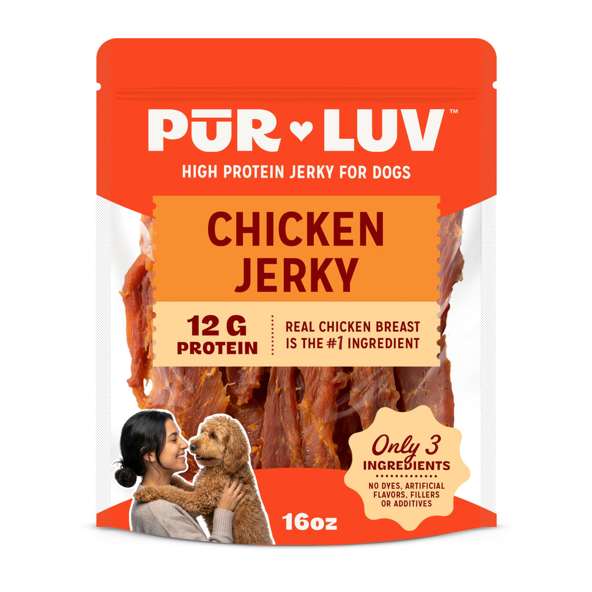 Pur Luv Dog Treats, Chicken Jerky Dog Treat with Real Chicken Breast, 16 oz | High protein and low fat, Limited ingredient recipe, No artificial flavors or preservatives, Satisfies instinct to chew