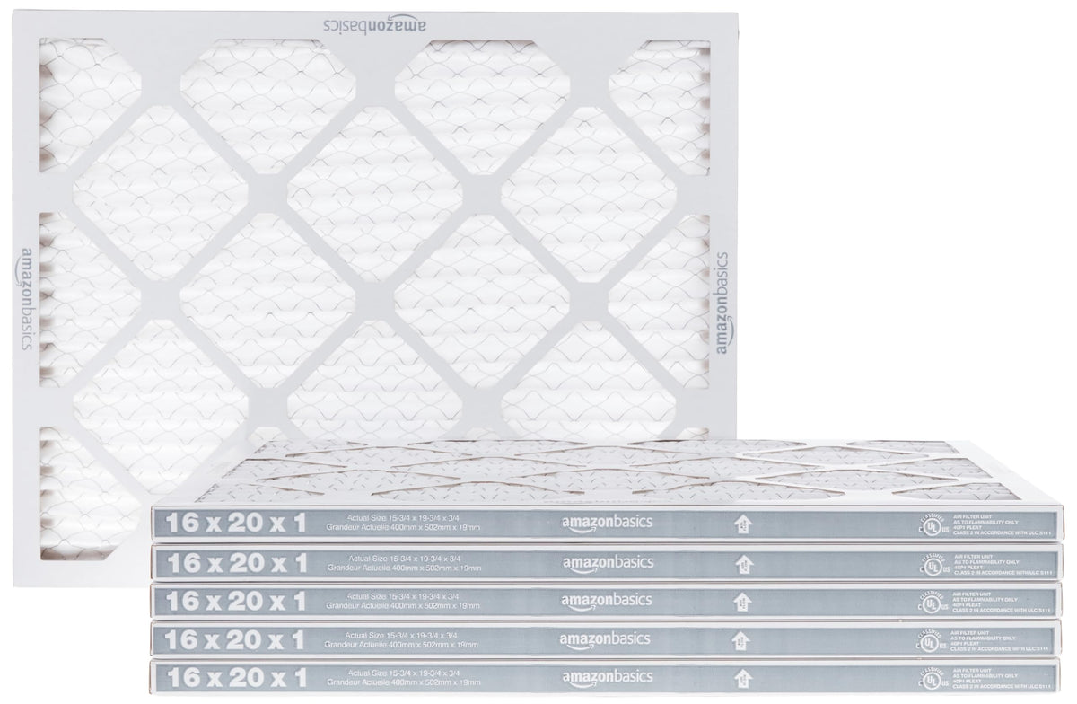 Amazon Basics 16x20x1 Air Filter 6-Pack, MERV 8 AC Furnace Filters, Allergen Control , Removes Dust, Lint and Pollen, Electrostatic (Actual Size: 15.75" x 19.75" x 0.75")