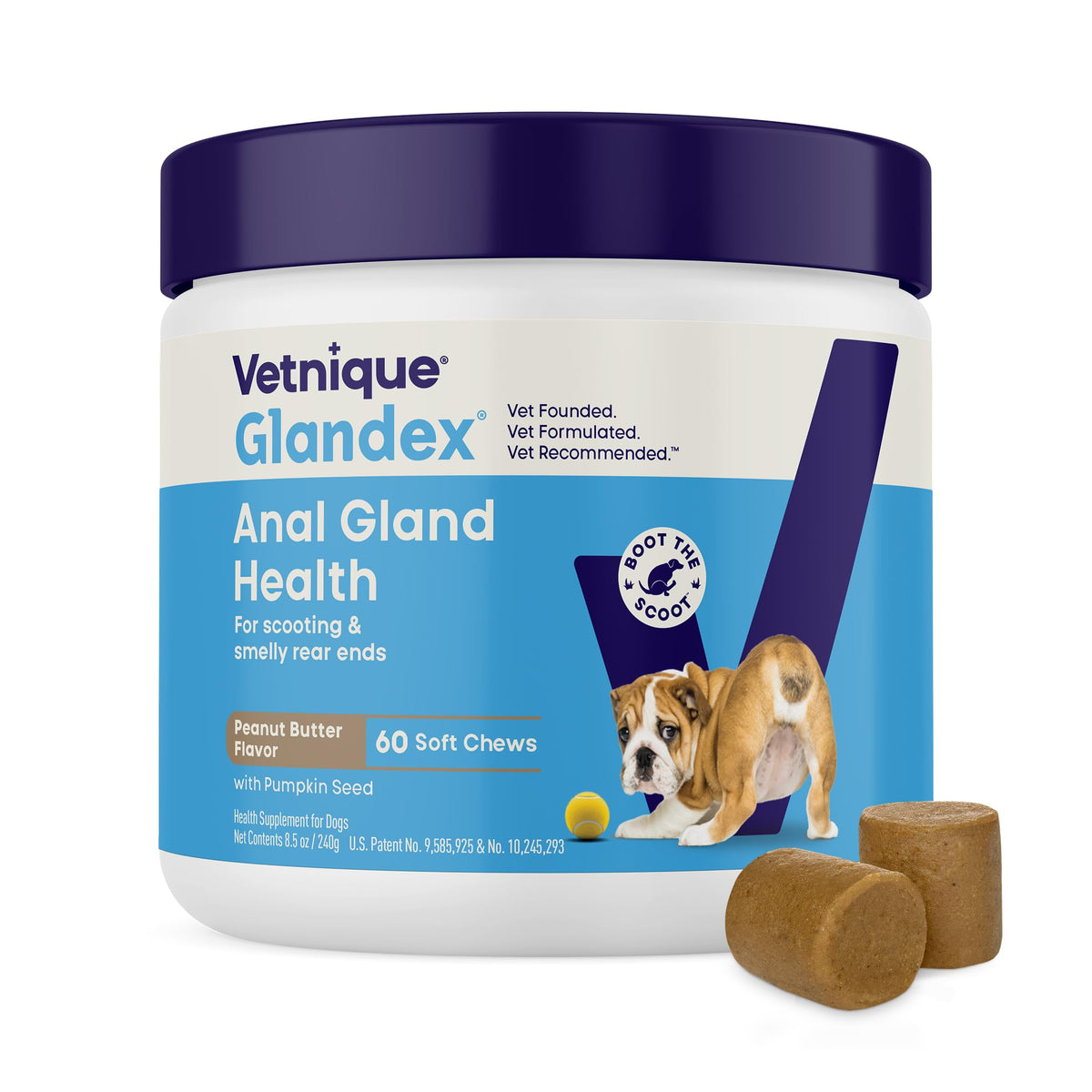 Vetnique Glandex for Dogs Anal Gland Chews 60ct Pumpkin + Digestive Enzymes | Anal Gland Dog Treats, Boot the Scoot + Fishy Odor Support, Fiber, Probiotics, Quercetin + Apple Pectin, Peanut Butter