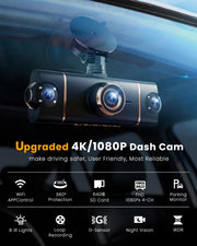 XYGCACO 4K Dash Cam Front and Rear, WiFi Dash Camera for Cars with App | 4K+1080P*3 FHD Dash Cam, 64G Card Included, G-Sensor Emergency Lock, 8 IR Lamps Night Vision, 24H Parking Monitor, Black Gold