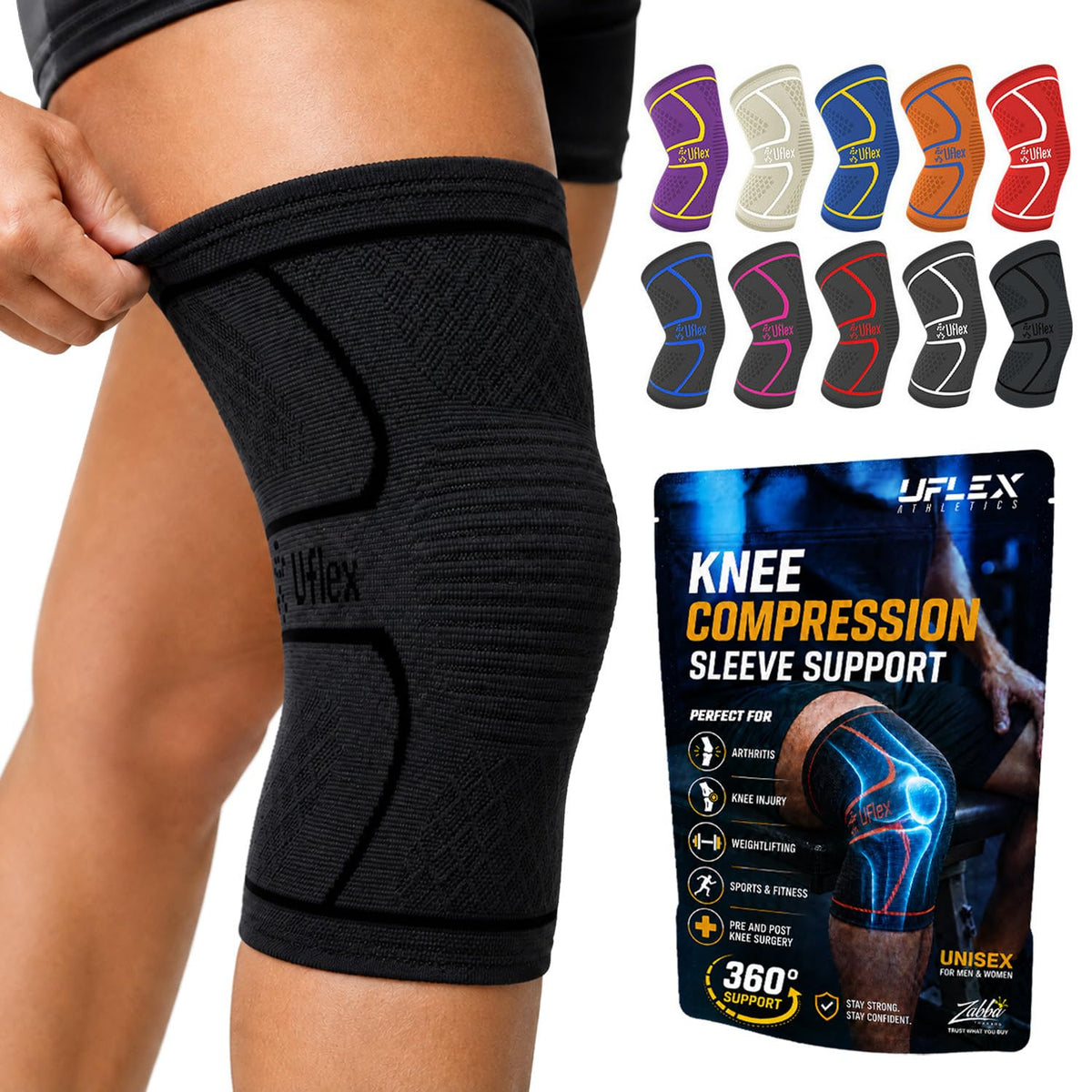 UFlex Athletics Knee Brace Sleeve Men & Women | Knee Compression Sleeve Support for Arthritis Joint Pain Relief, Workout, Swelling, Sports, Circulation, Running ACL Recovery