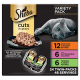 Sheba Perfect Portions Cuts Wet Cat Food, Multipack, 2.6 oz, 24 ct | Chicken, Salmon & Turkey cuts in gravy, grain-free, protein-rich, no corn/soy, essential vitamins & minerals, twin-pack trays