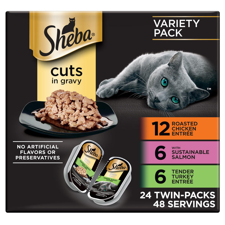 Sheba Perfect Portions Cuts Wet Cat Food, Multipack, 2.6 oz, 24 ct | Chicken, Salmon & Turkey cuts in gravy, grain-free, protein-rich, no corn/soy, essential vitamins & minerals, twin-pack trays