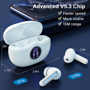 Fhumsh Wireless Earbuds, Bluetooth 5.3 Headphones HiFi Stereo 50H Playback LED Digital Display Ear Buds with ENC Noise Canceling Headset, IPX7 Waterproof Earphones for Gym/Running/Work（White）
