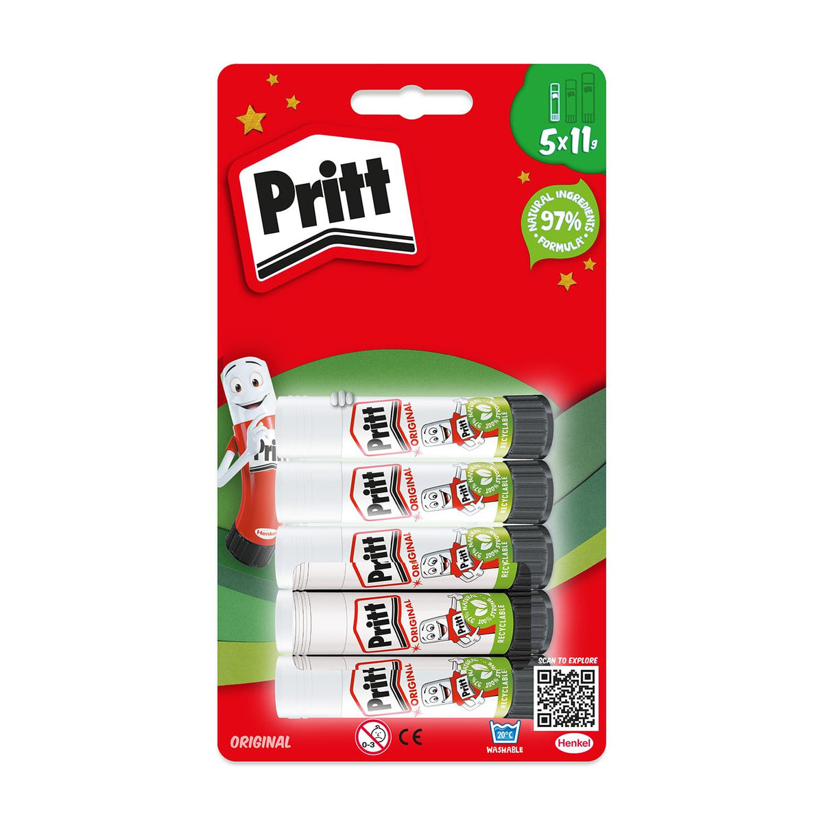 Pritt Glue Stick, Natural Craft Glue for Arts & Crafts, 5 x 11 g | Child-Friendly Adhesive, Strong-Hold Formula, Ideal for School & Office Supplies, Non-Toxic