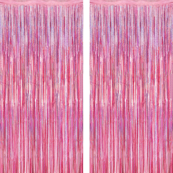 2 Pack Glitter Pink Backdrop, 3.28 FT x 7.05 FT Birthday Party Decorations, Laser Pink Fringe Curtains Foil Streamer Tinsel, Pink Curtains Photo Backdrop Happy Birthday Valentines Day Backdrop