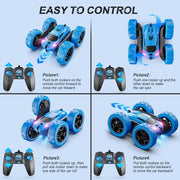 QUNREDA Remote Control Car, RC Cars Toys for Kids Ages 6-12, 4WD Stunt Car with LED Lights & 360° Flips, 2.4GHz, Upgraded USB-C Modular Batteries, 8-10 Year Old Boys Birthday Gift 1-Blue