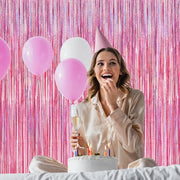2 Pack Glitter Pink Backdrop, 3.28 FT x 7.05 FT Birthday Party Decorations, Laser Pink Fringe Curtains Foil Streamer Tinsel, Pink Curtains Photo Backdrop Happy Birthday Valentines Day Backdrop