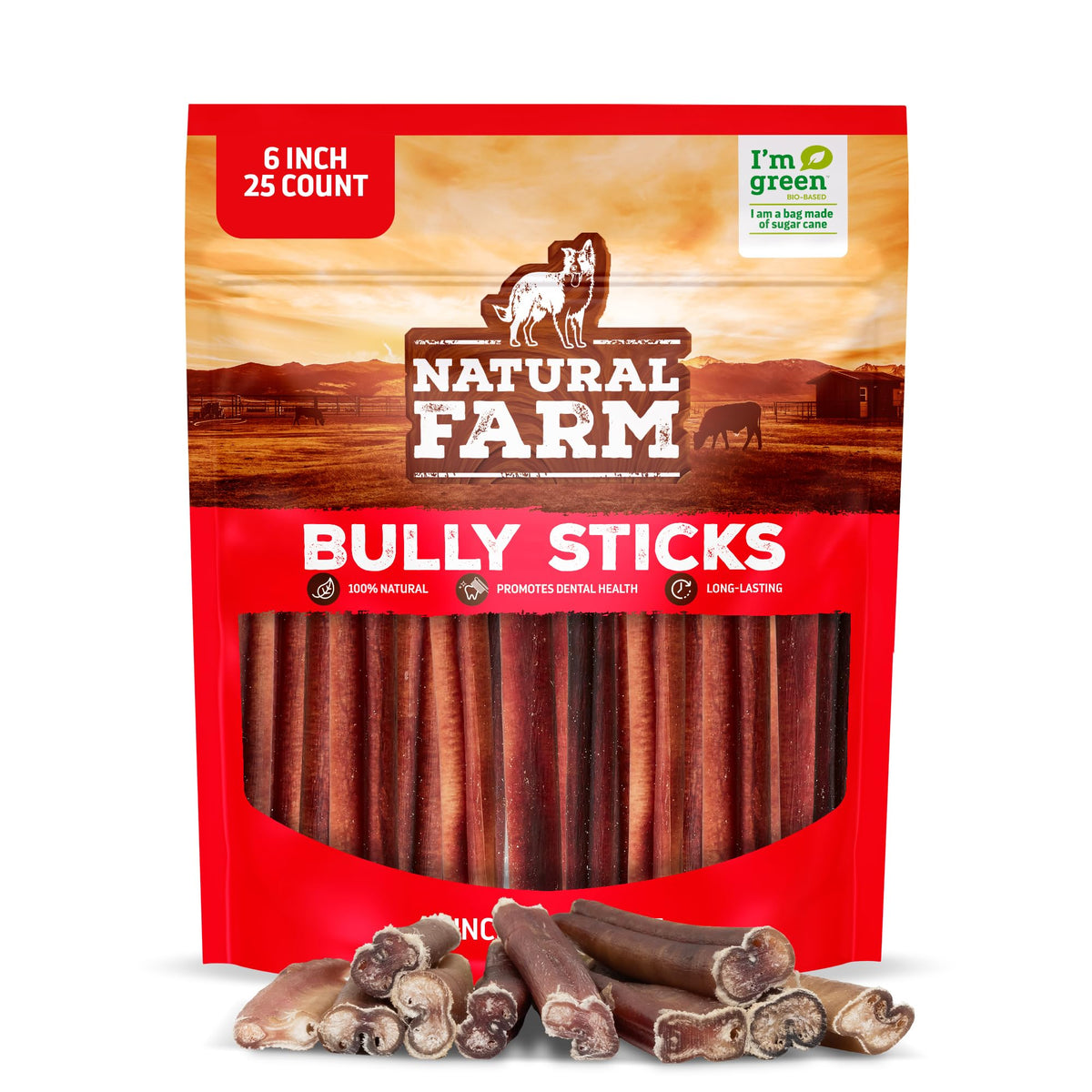 Natural Farm Odor-Free Bully Sticks for All Breeds, 6 Inch, 25 Count | Grass-Fed, Non-GMO, Grain-Free 100% Beef Pizzle. Single-Ingredient, Rawhide-Free, Fully Digestible, Long-Lasting