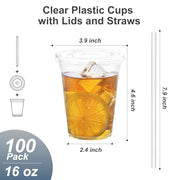 Dealusy 100 Pack - 16 oz Clear Plastic Cups with Lids and Straws | Sturdy & Food Safe Iced Coffee Cups with lids, Disposable Plastic Smoothie Cups for Cold Drinks